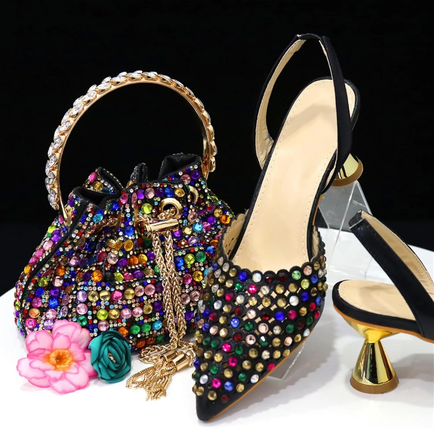 Women Italian Shoes and Bag Set, Rhinestone Pointed Toe Heels Large Capacity Clutch Bag for Wedding Bridal Evening Party