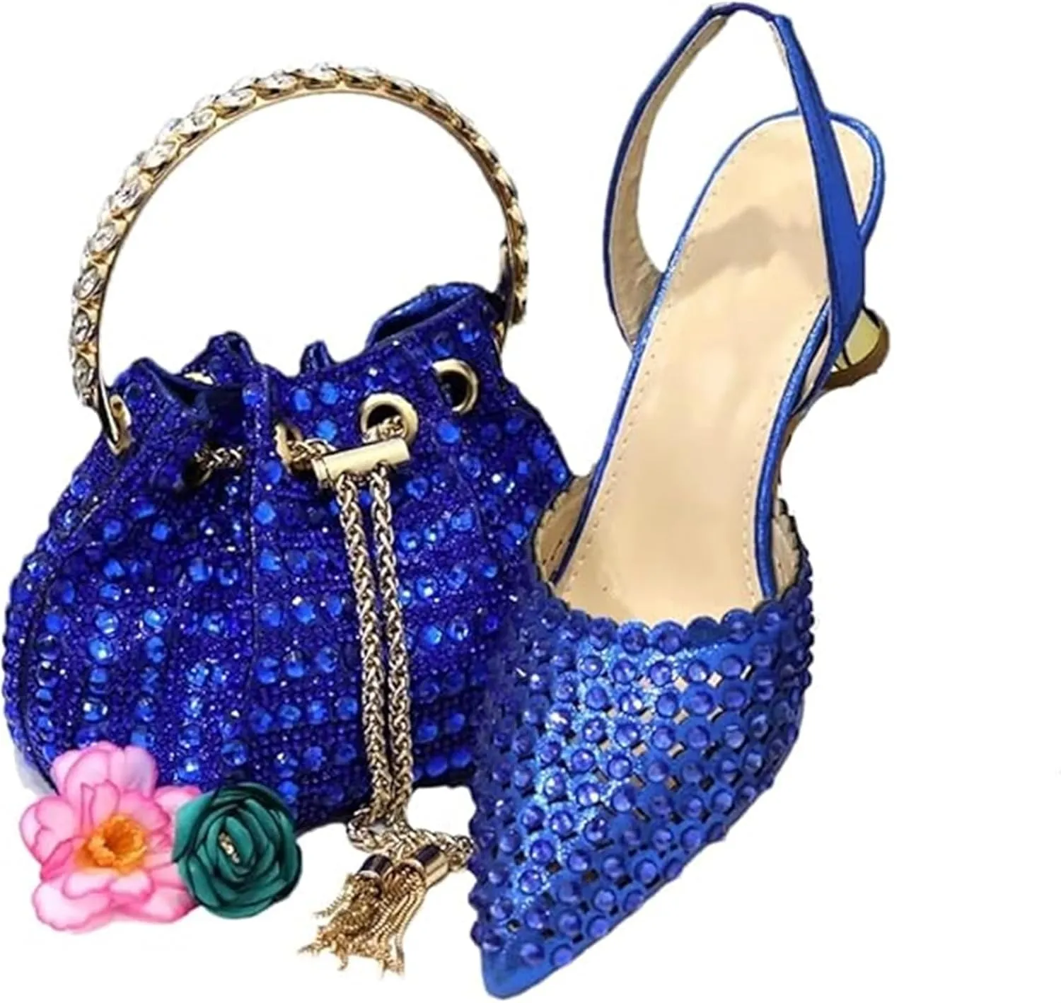 Women Italian Shoes and Bag Set, Rhinestone Pointed Toe Heels Large Capacity Clutch Bag for Wedding Bridal Evening Party