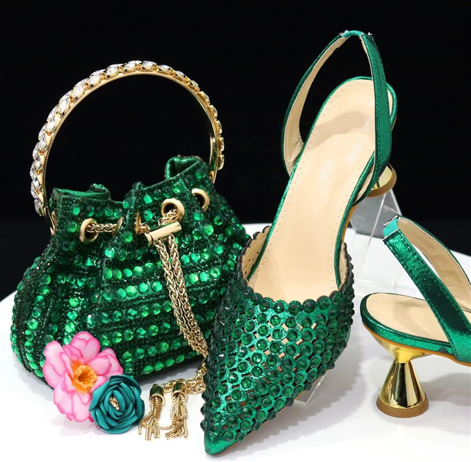 Women Italian Shoes and Bag Set, Rhinestone Pointed Toe Heels Large Capacity Clutch Bag for Wedding Bridal Evening Party