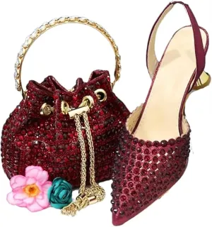 Women Italian Shoes and Bag Set, Rhinestone Pointed Toe Heels Large Capacity Clutch Bag for Wedding Bridal Evening Party
