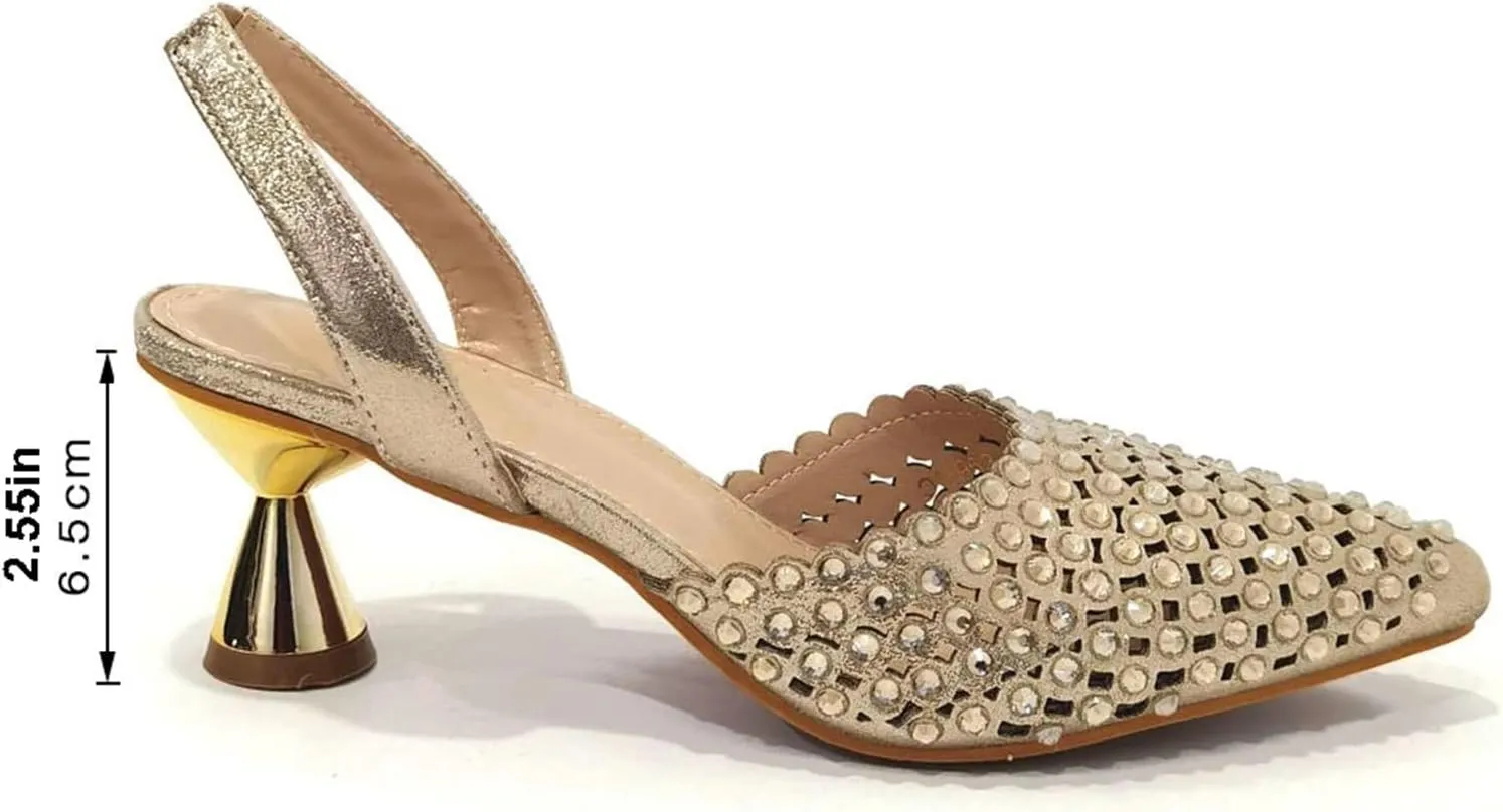 Women Italian Shoes and Bag Set, Rhinestone Pointed Toe Heels Large Capacity Clutch Bag for Wedding Bridal Evening Party