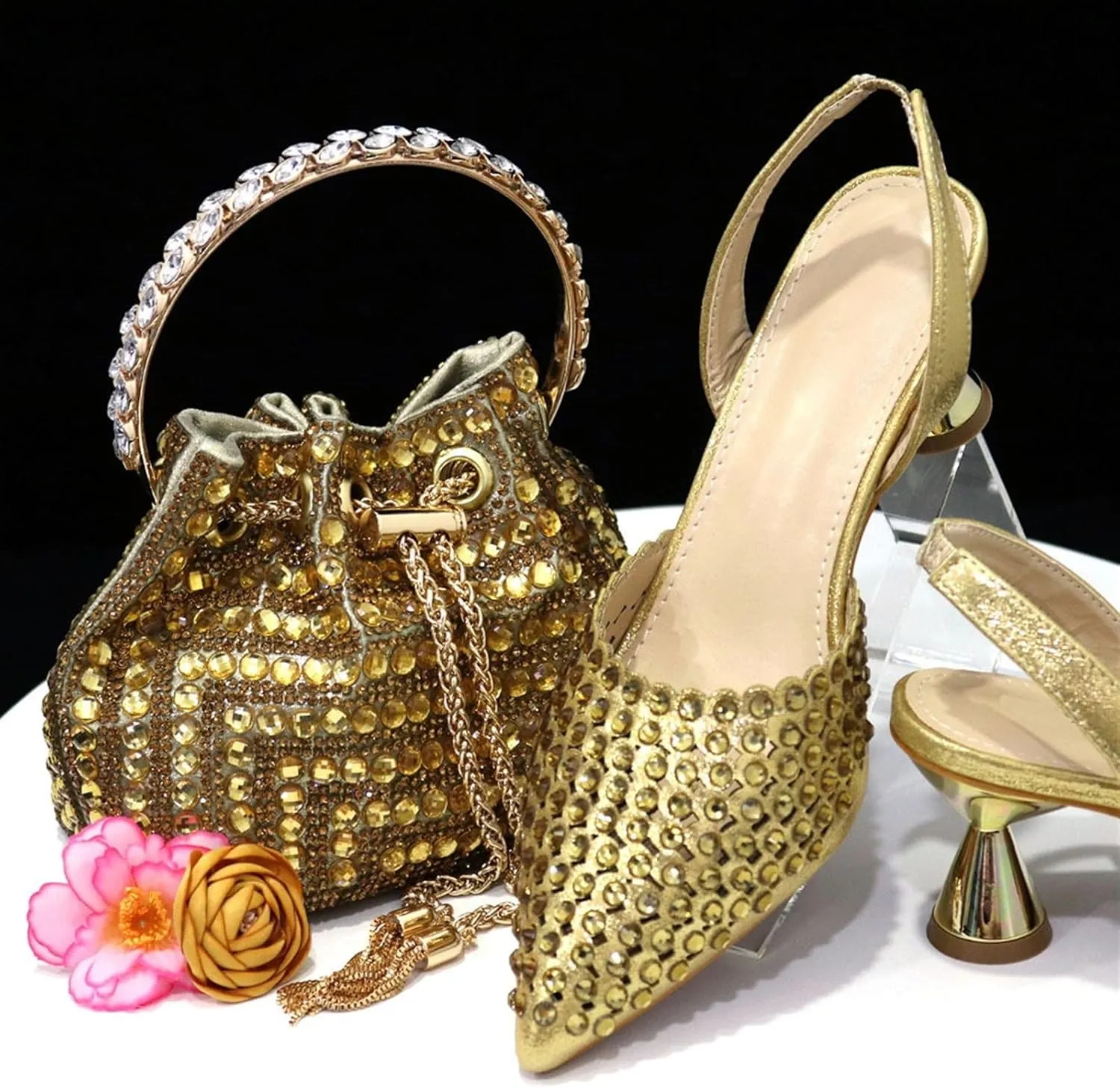 Women Italian Shoes and Bag Set, Rhinestone Pointed Toe Heels Large Capacity Clutch Bag for Wedding Bridal Evening Party
