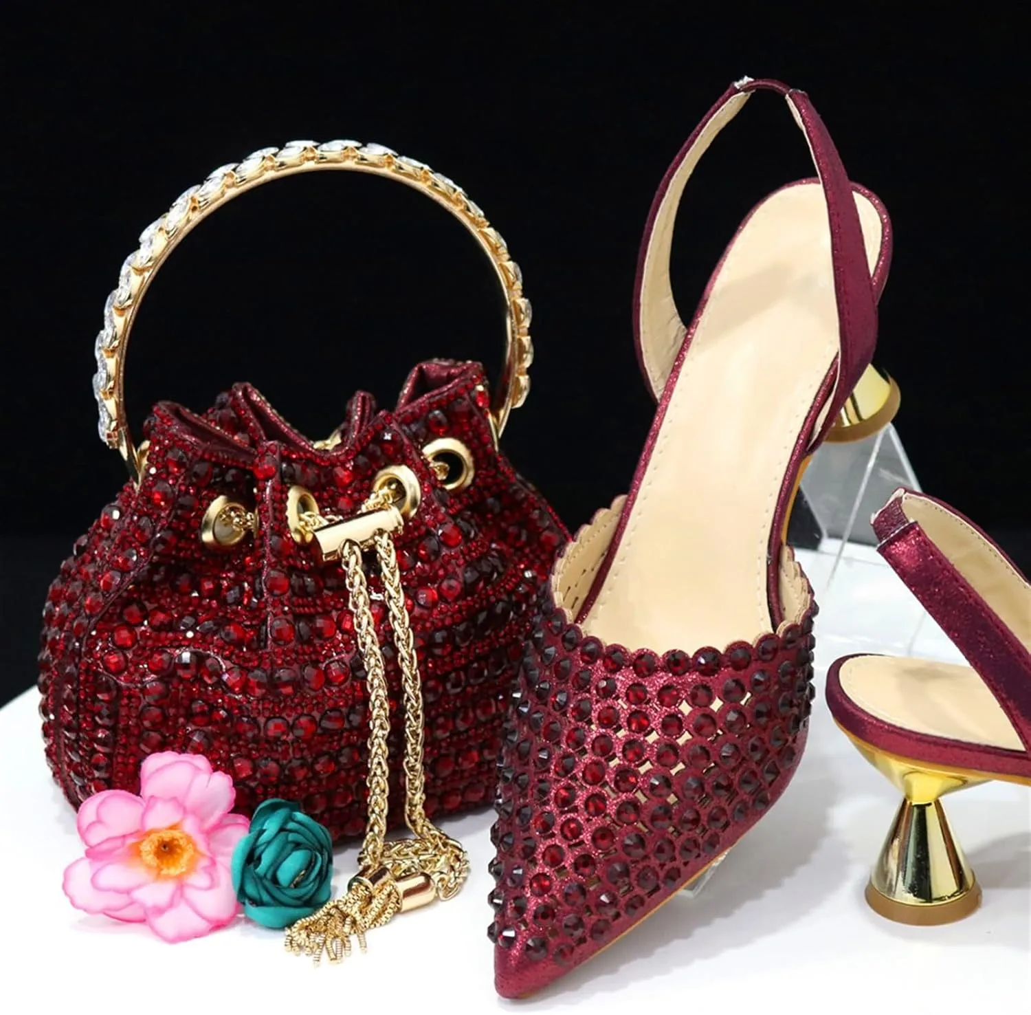 Women Italian Shoes and Bag Set, Rhinestone Pointed Toe Heels Large Capacity Clutch Bag for Wedding Bridal Evening Party