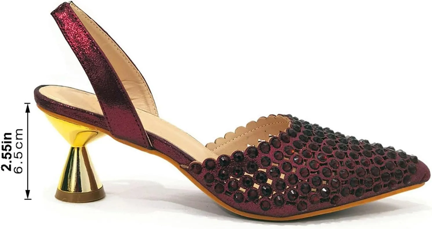 Women Italian Shoes and Bag Set, Rhinestone Pointed Toe Heels Large Capacity Clutch Bag for Wedding Bridal Evening Party