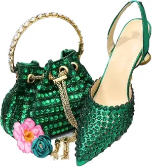 Women Italian Shoes and Bag Set, Rhinestone Pointed Toe Heels Large Capacity Clutch Bag for Wedding Bridal Evening Party