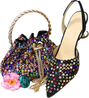 Women Italian Shoes and Bag Set, Rhinestone Pointed Toe Heels Large Capacity Clutch Bag for Wedding Bridal Evening Party