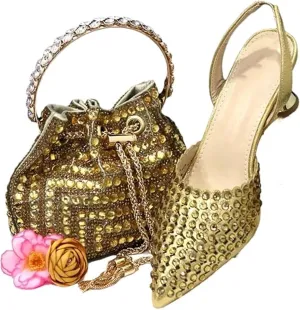 Women Italian Shoes and Bag Set, Rhinestone Pointed Toe Heels Large Capacity Clutch Bag for Wedding Bridal Evening Party