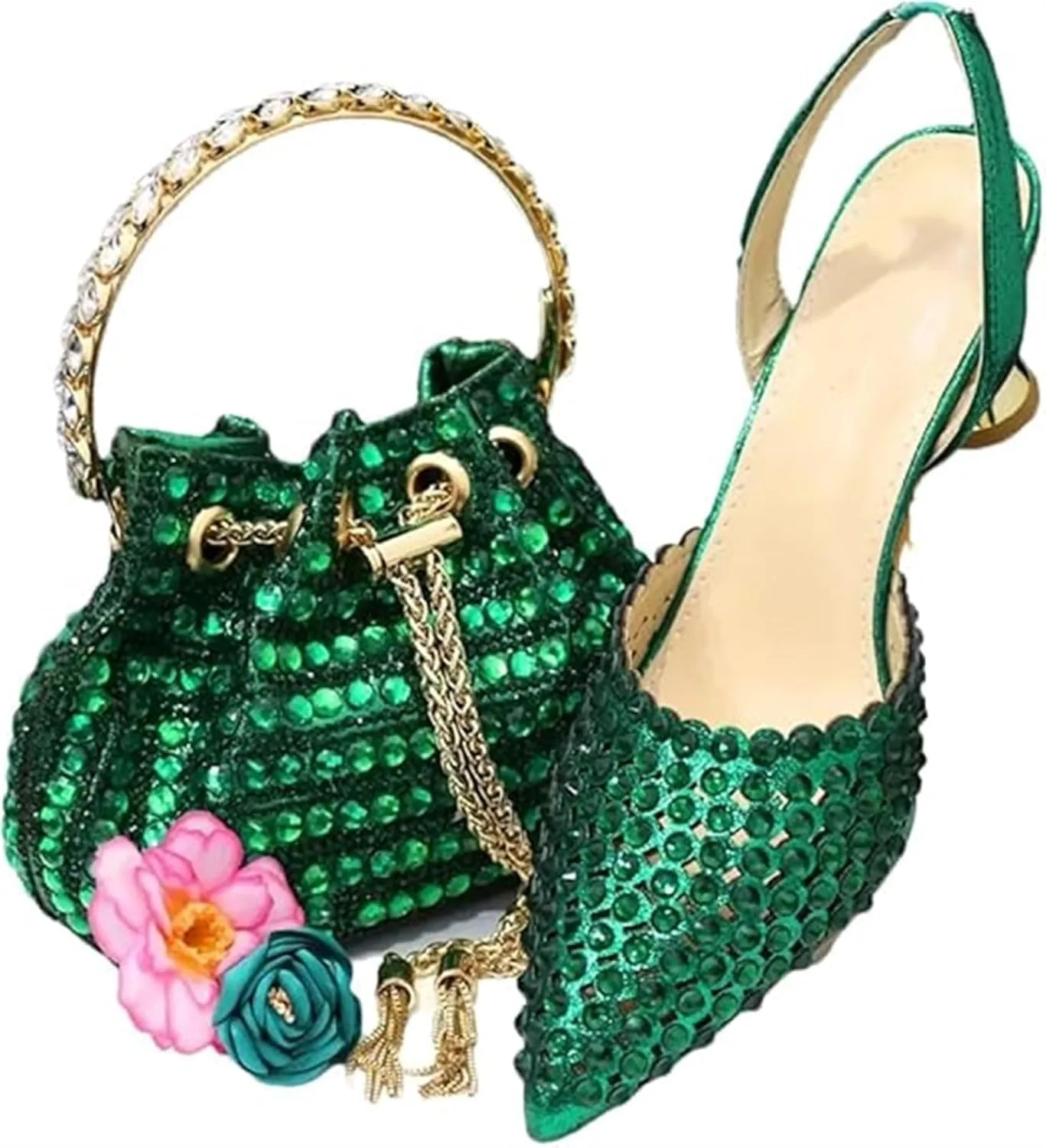 Women Italian Shoes and Bag Set, Rhinestone Pointed Toe Heels Large Capacity Clutch Bag for Wedding Bridal Evening Party