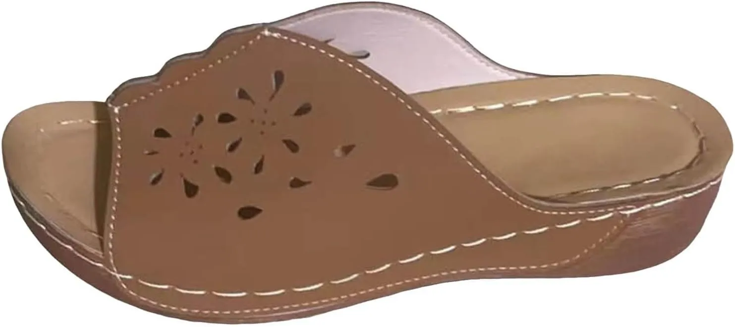 Women Orthopedic Wedge Sandals Slip On Dressy Summer Comfortable Slides Slippers Hollow Leather Yoga Mat Slippers for Summer and Daily Wear