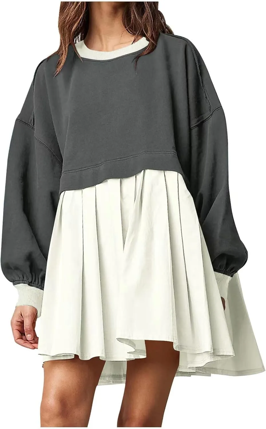 Women Oversized Patchwork Sweatshirt Dress Long Sleeve Drop Shoulder Crewneck Pleated Color Block Mini Dress