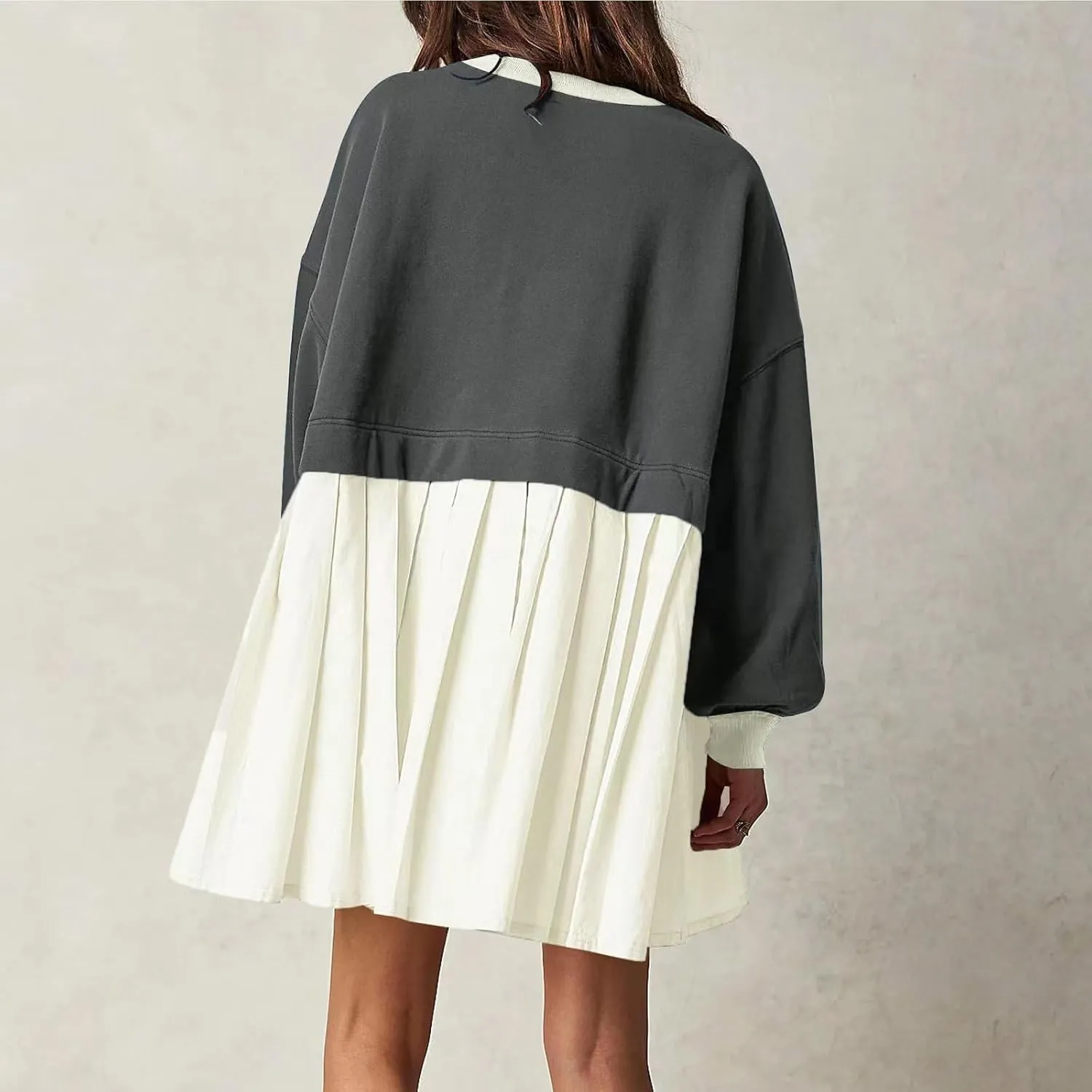 Women Oversized Patchwork Sweatshirt Dress Long Sleeve Drop Shoulder Crewneck Pleated Color Block Mini Dress