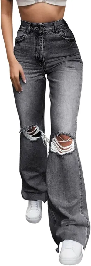 Women Pants Hole Denim Button Elastic Pocket Waist Jeans Trousers High Loose Women's Jeans Womens Designer Pants
