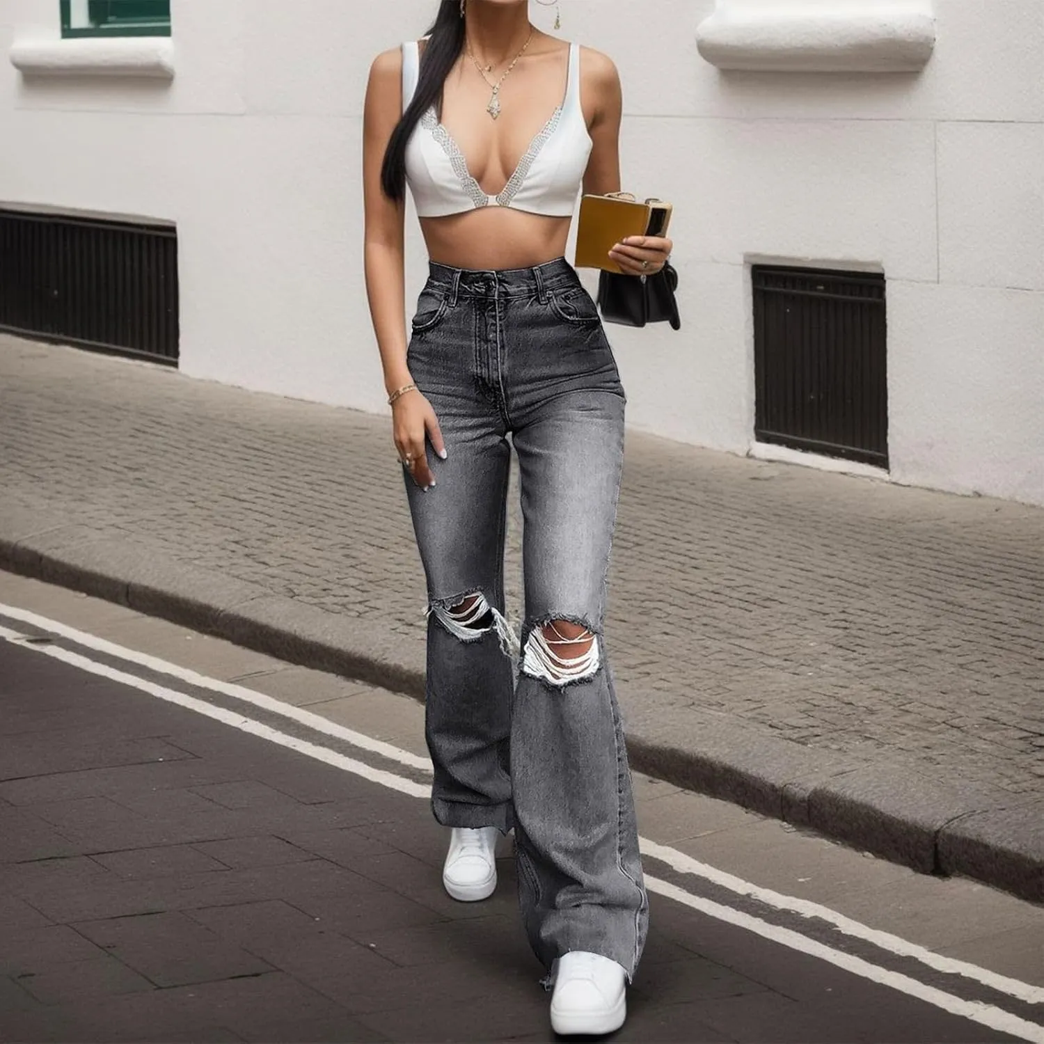 Women Pants Hole Denim Button Elastic Pocket Waist Jeans Trousers High Loose Women's Jeans Womens Designer Pants