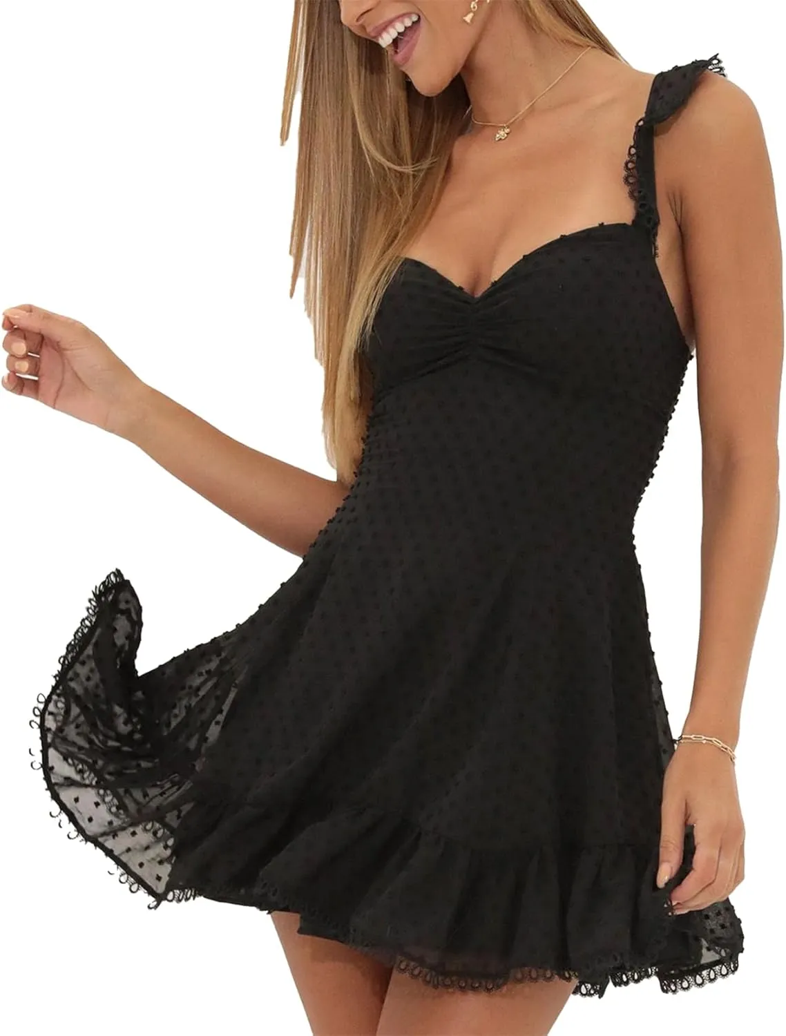 Women Sexy Lace Ruffle Mini Dress Solid Low Cut Backless Ruched Flowy Bodycon Dress Y2k Vintage Going Out Streetwear