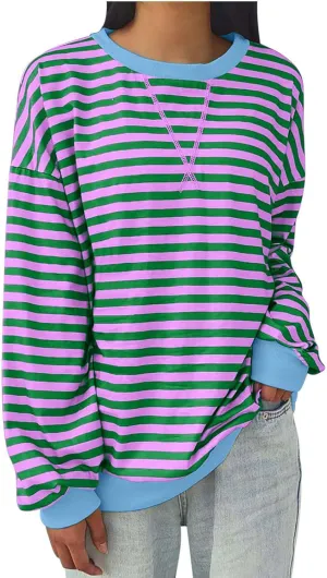 Women Striped Crew Neck Sweatshirts Oversized Pullover Shirt Tops Lightweight Preppy Hoodies Trendy Fall Clothes 2024