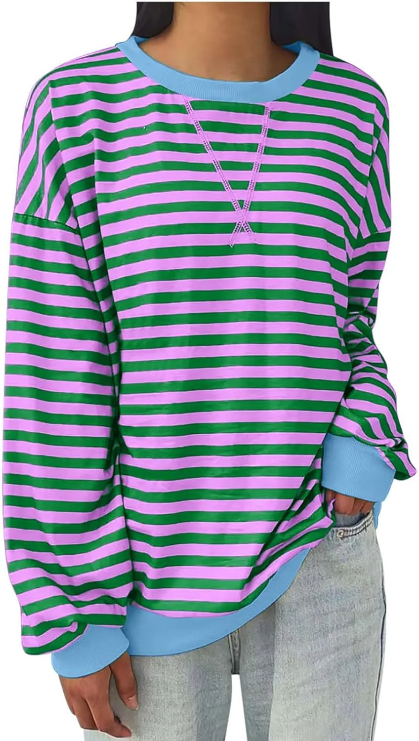 Women Striped Crew Neck Sweatshirts Oversized Pullover Shirt Tops Lightweight Preppy Hoodies Trendy Fall Clothes 2024