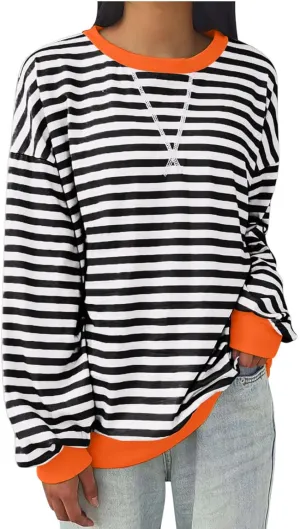 Women Striped Crew Neck Sweatshirts Oversized Pullover Shirt Tops Lightweight Preppy Hoodies Trendy Fall Clothes 2024