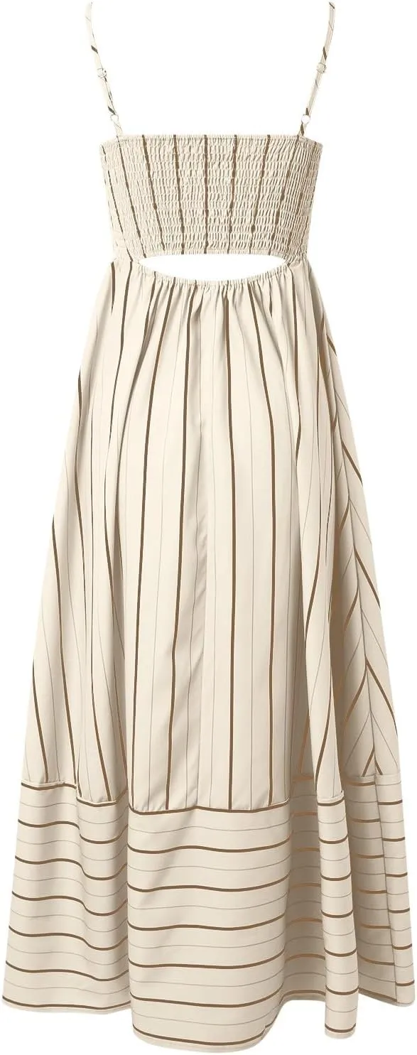 Women Striped Print Maxi Dress Spaghetti Strap Flowy Tiered Dress Sleeveless Casual Summer Sundress, 3X-Large, Black