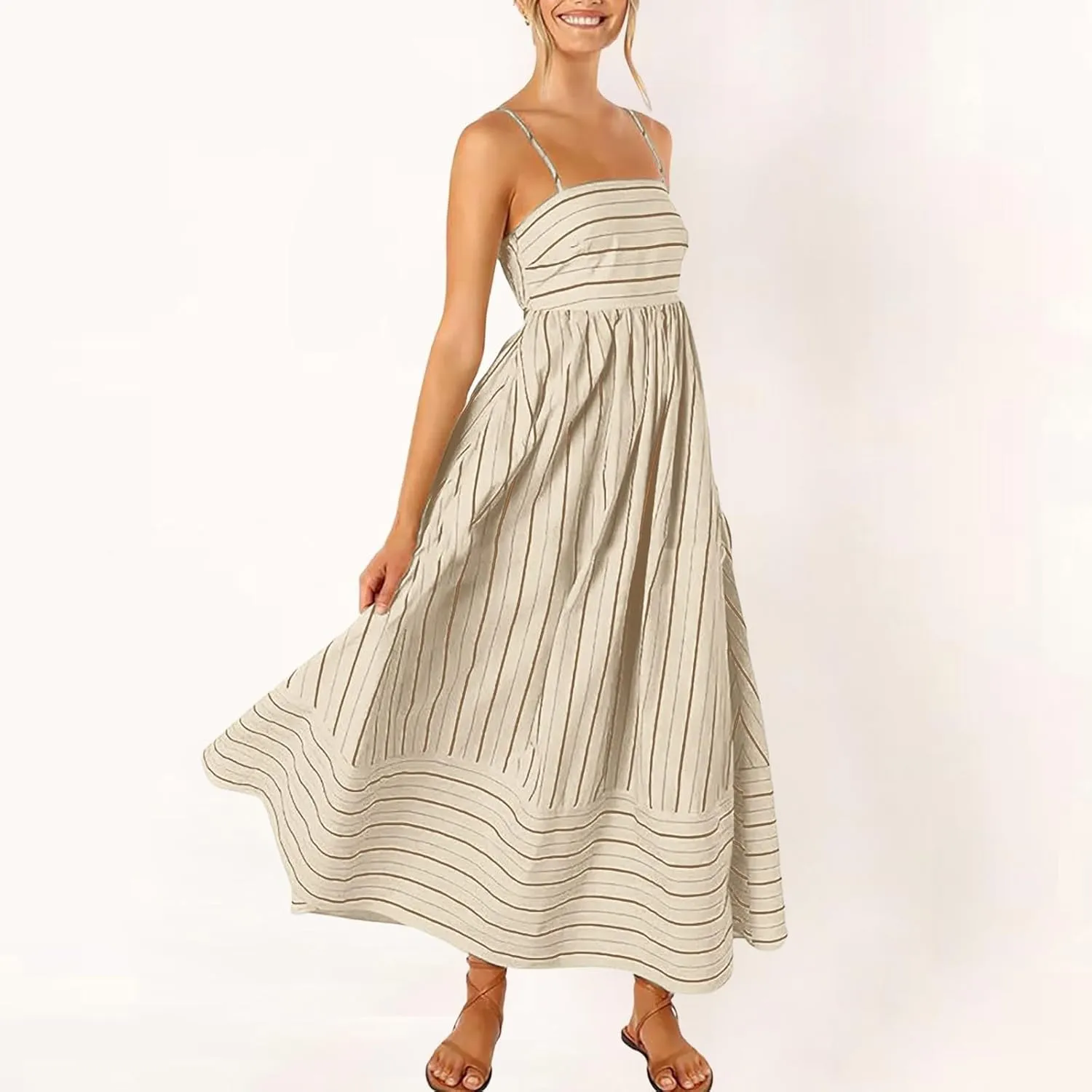 Women Striped Print Maxi Dress Spaghetti Strap Flowy Tiered Dress Sleeveless Casual Summer Sundress, 3X-Large, Black