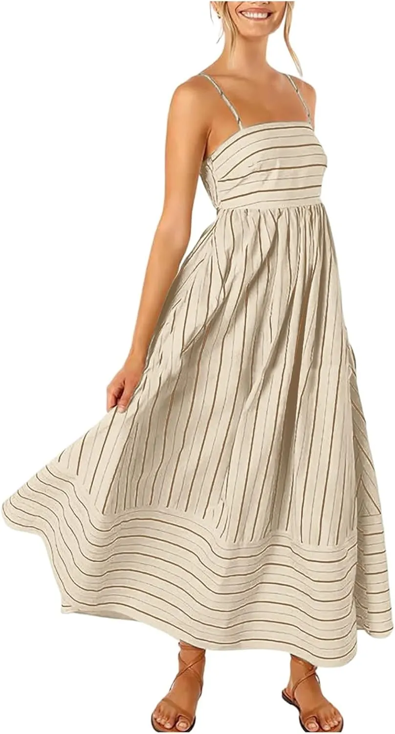Women Striped Print Maxi Dress Spaghetti Strap Flowy Tiered Dress Sleeveless Casual Summer Sundress, 3X-Large, Black
