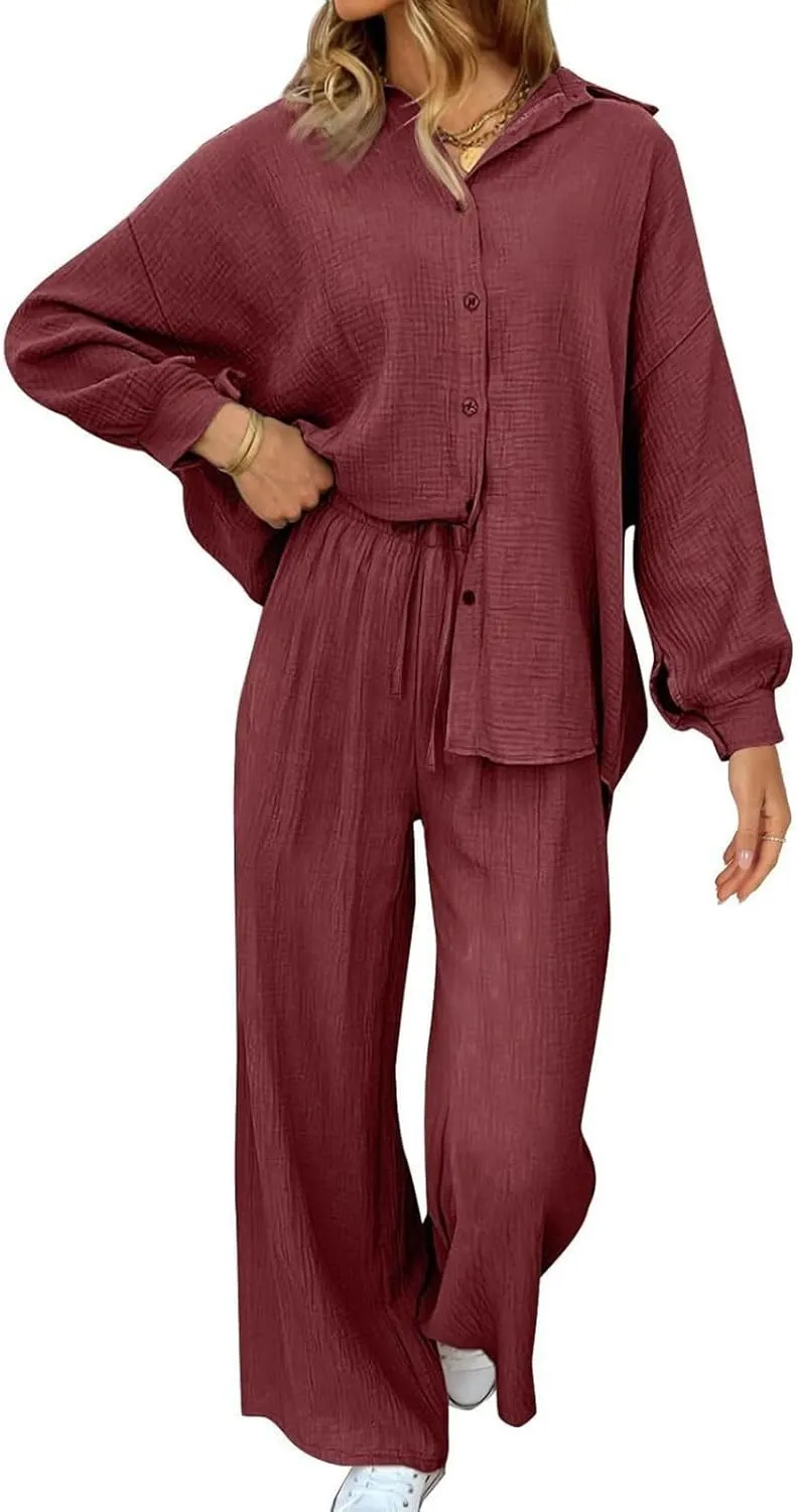 Women Sweatsuits Women's 2 Piece Outfits Long Sleeve Button Down Shirts And Pants Set Casual Loungewear Sets