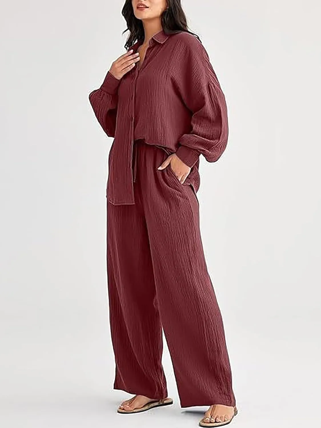 Women Sweatsuits Women's 2 Piece Outfits Long Sleeve Button Down Shirts And Pants Set Casual Loungewear Sets