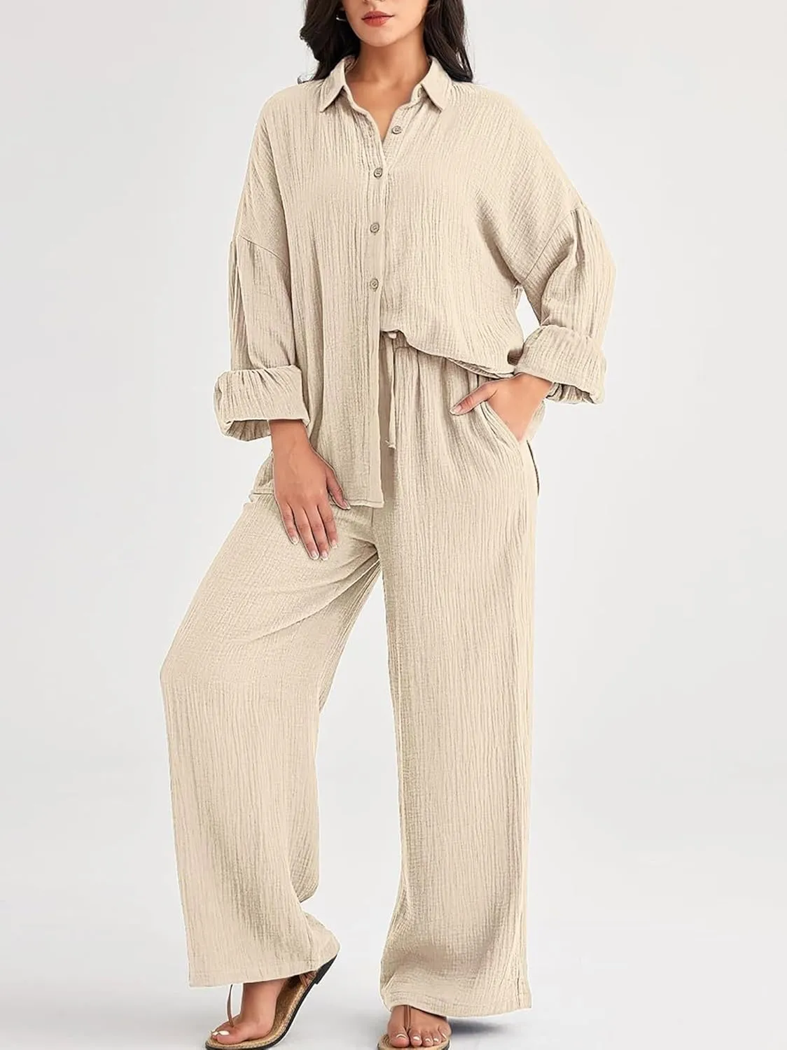 Women Sweatsuits Women's 2 Piece Outfits Long Sleeve Button Down Shirts And Pants Set Casual Loungewear Sets