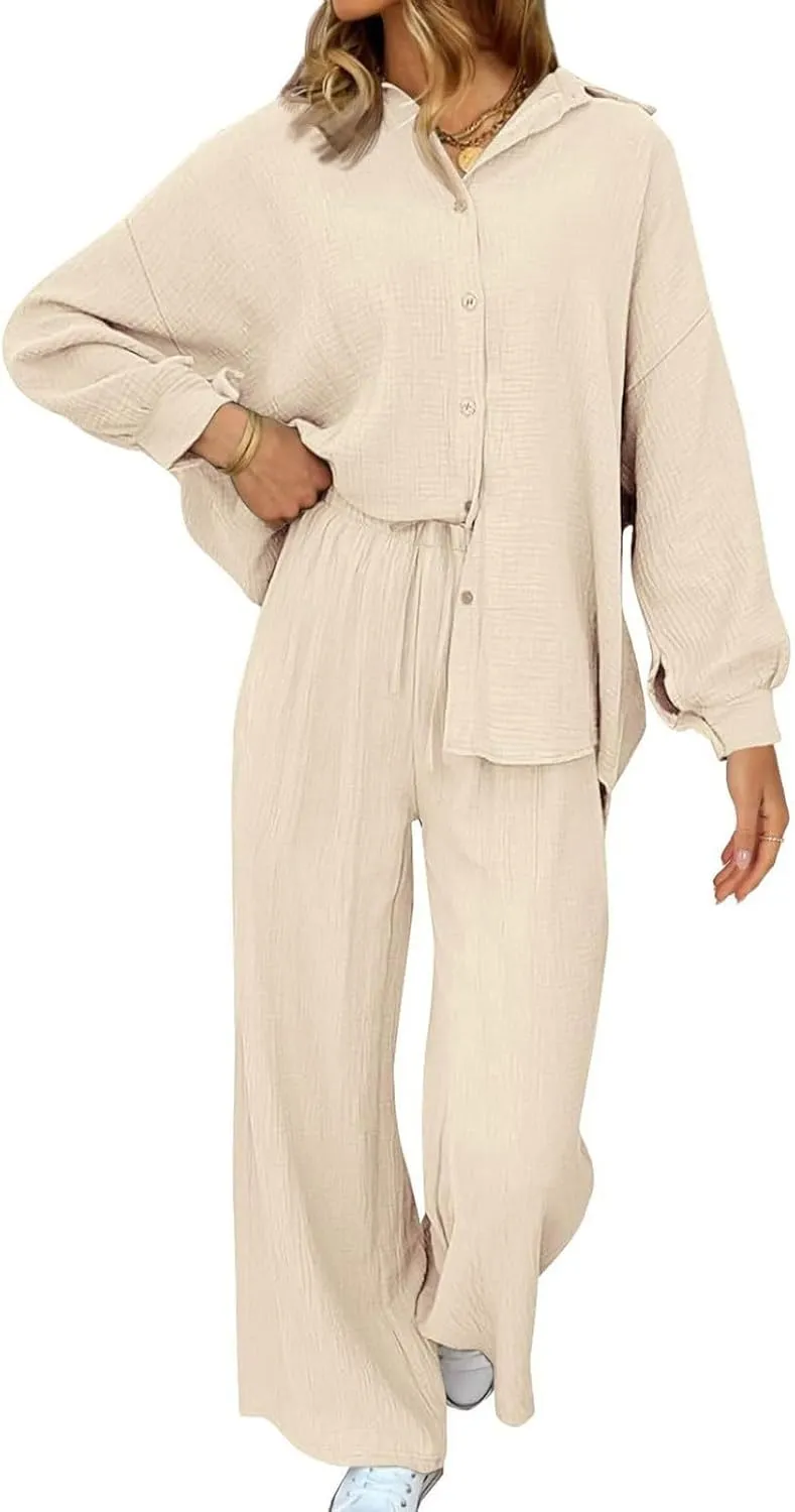 Women Sweatsuits Women's 2 Piece Outfits Long Sleeve Button Down Shirts And Pants Set Casual Loungewear Sets