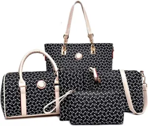 Women Totes Purse Satchel 6pcs Faux Leather Arrow Printing Handbag Shoulder Bag Clutch Wallet Dark Blue