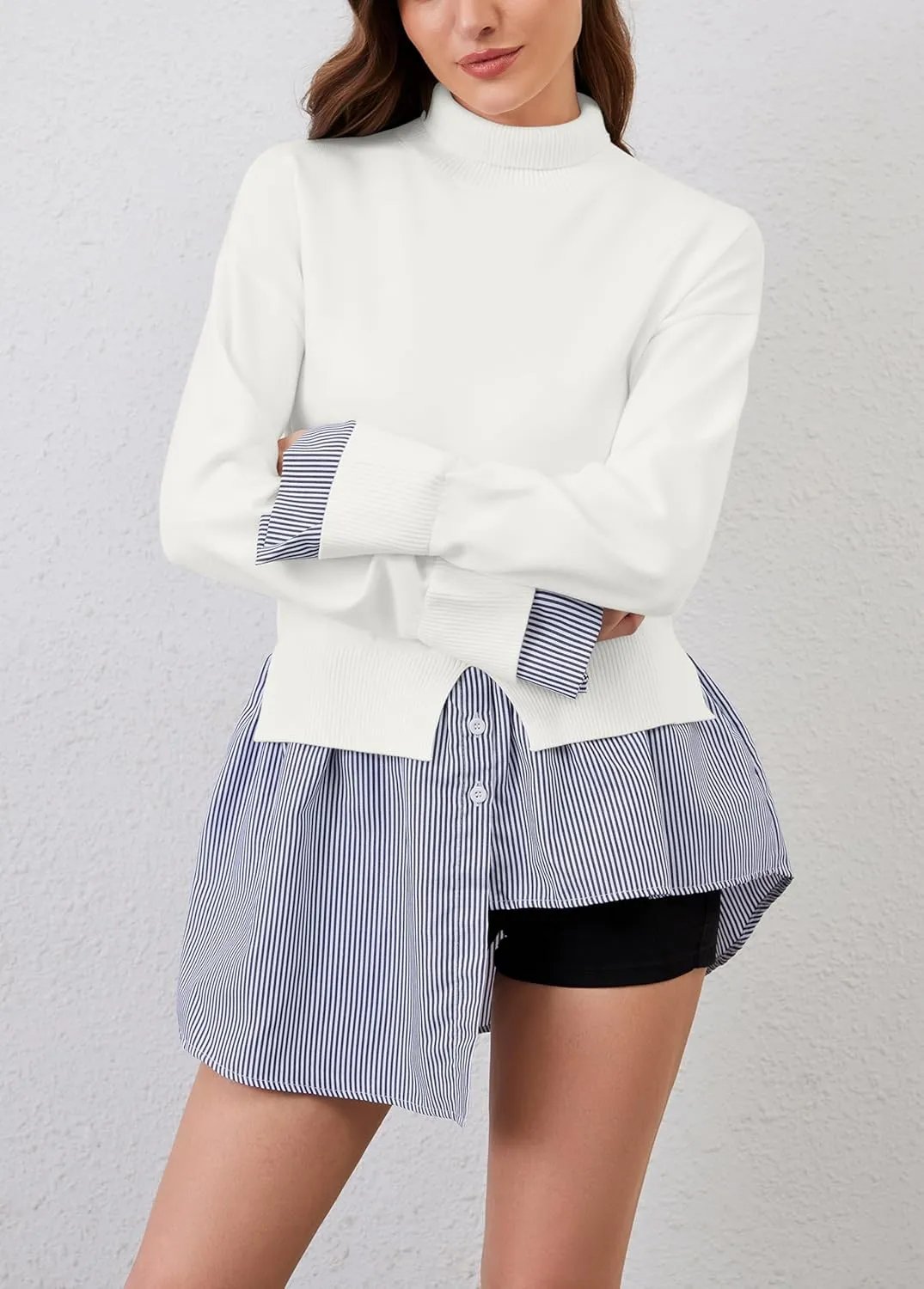 Women Turtleneck Long Sleeve Sweater Patchwork Button Down Striped High Low Hem Shirt Vinatge Pullover Top