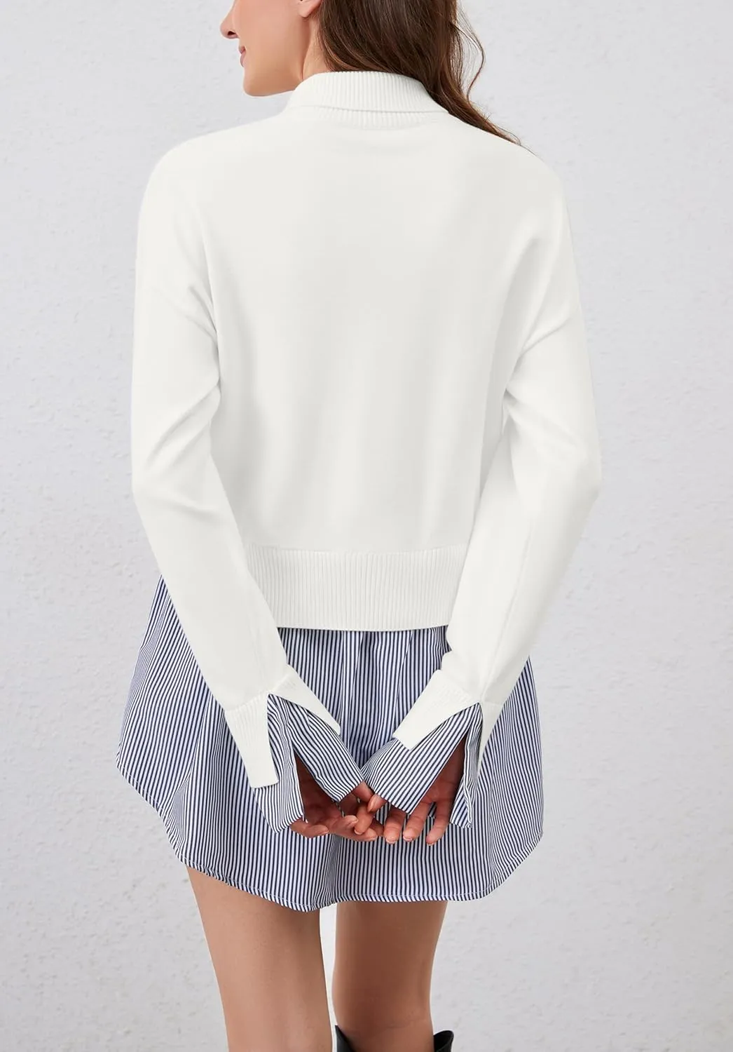 Women Turtleneck Long Sleeve Sweater Patchwork Button Down Striped High Low Hem Shirt Vinatge Pullover Top