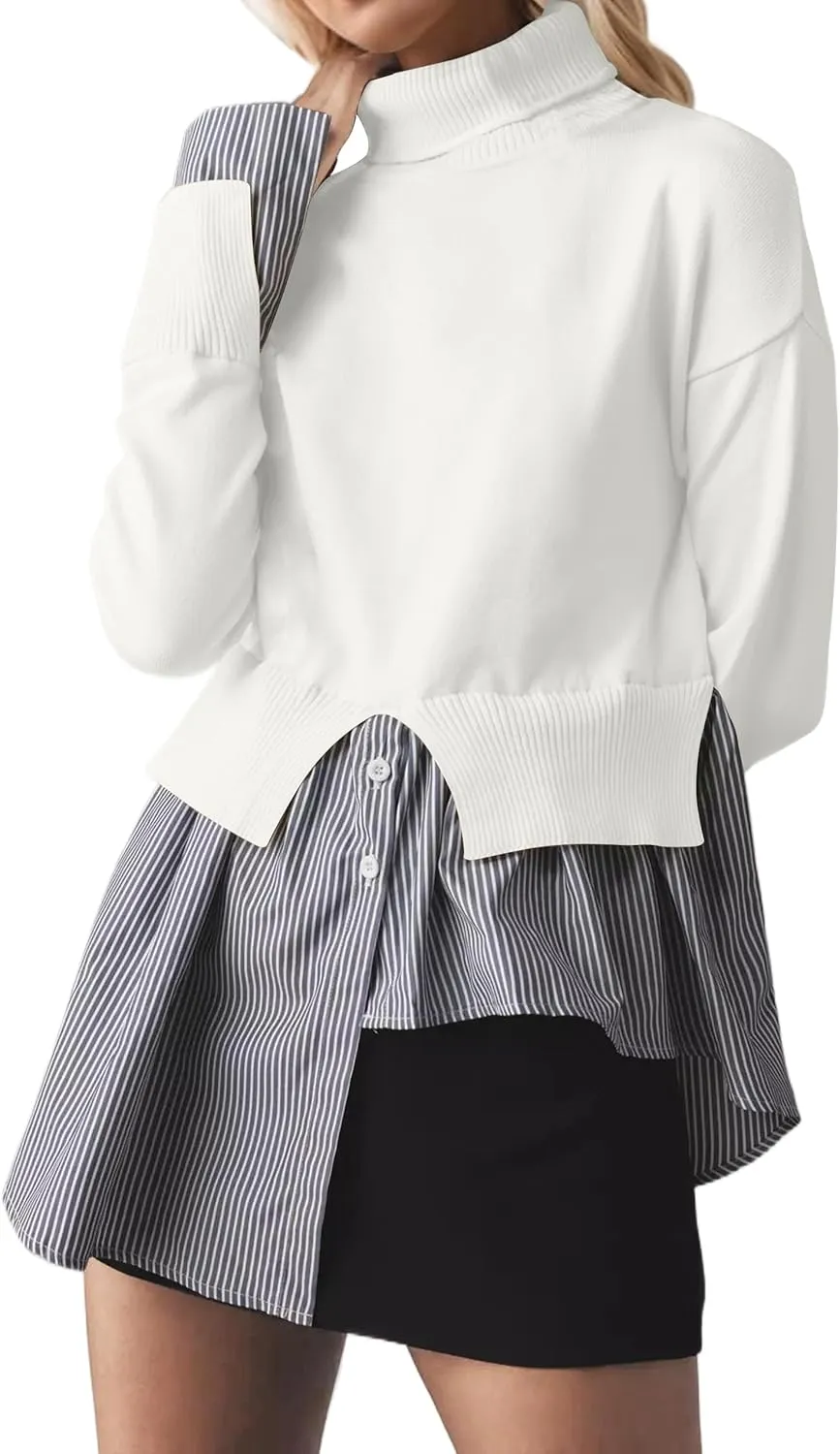 Women Turtleneck Long Sleeve Sweater Patchwork Button Down Striped High Low Hem Shirt Vinatge Pullover Top
