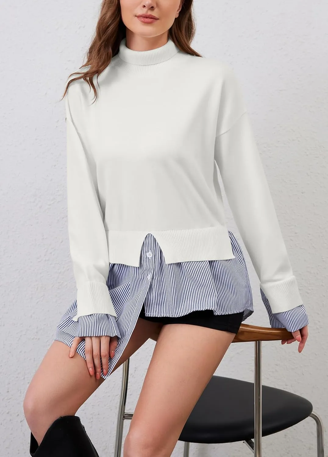 Women Turtleneck Long Sleeve Sweater Patchwork Button Down Striped High Low Hem Shirt Vinatge Pullover Top
