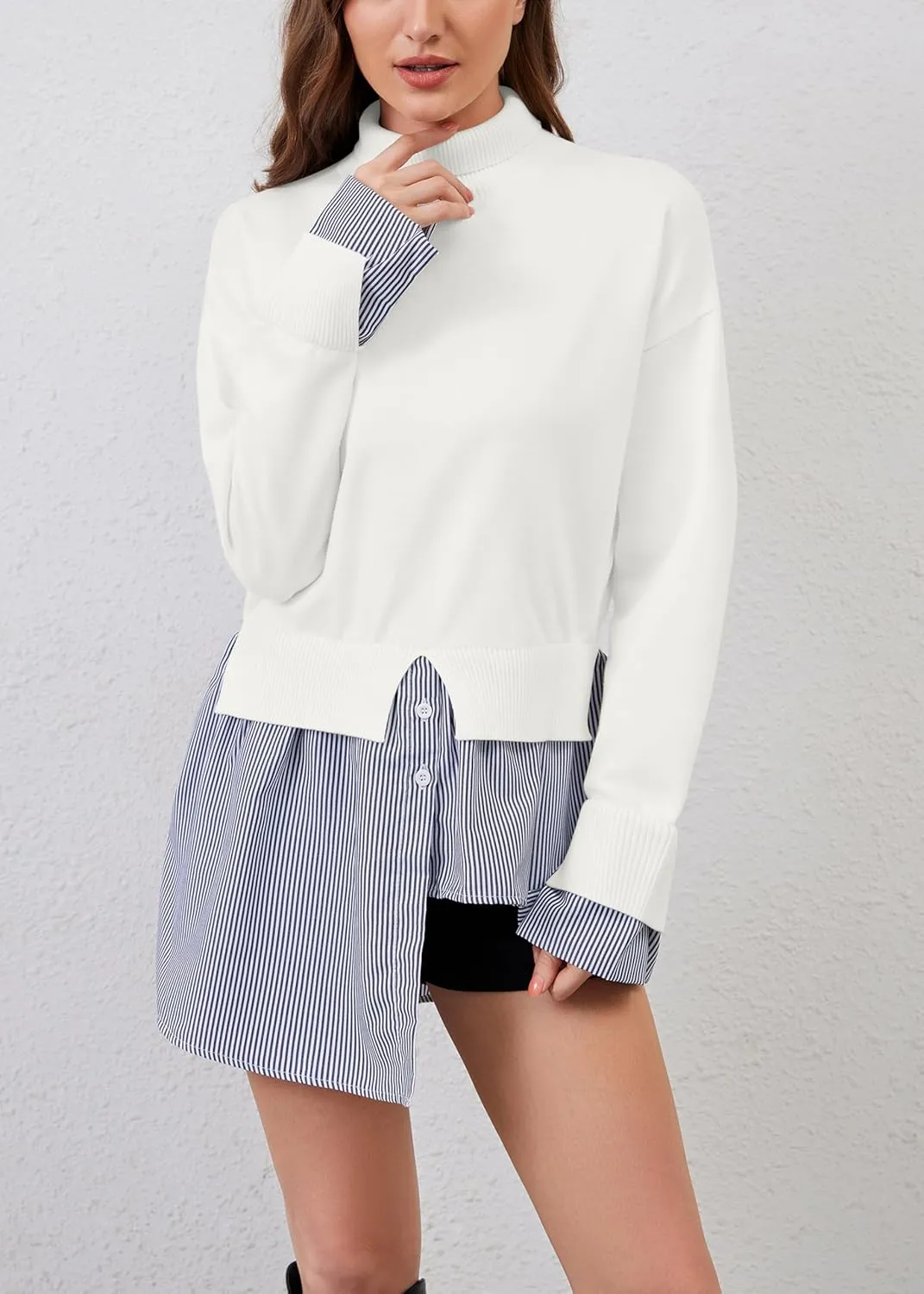 Women Turtleneck Long Sleeve Sweater Patchwork Button Down Striped High Low Hem Shirt Vinatge Pullover Top