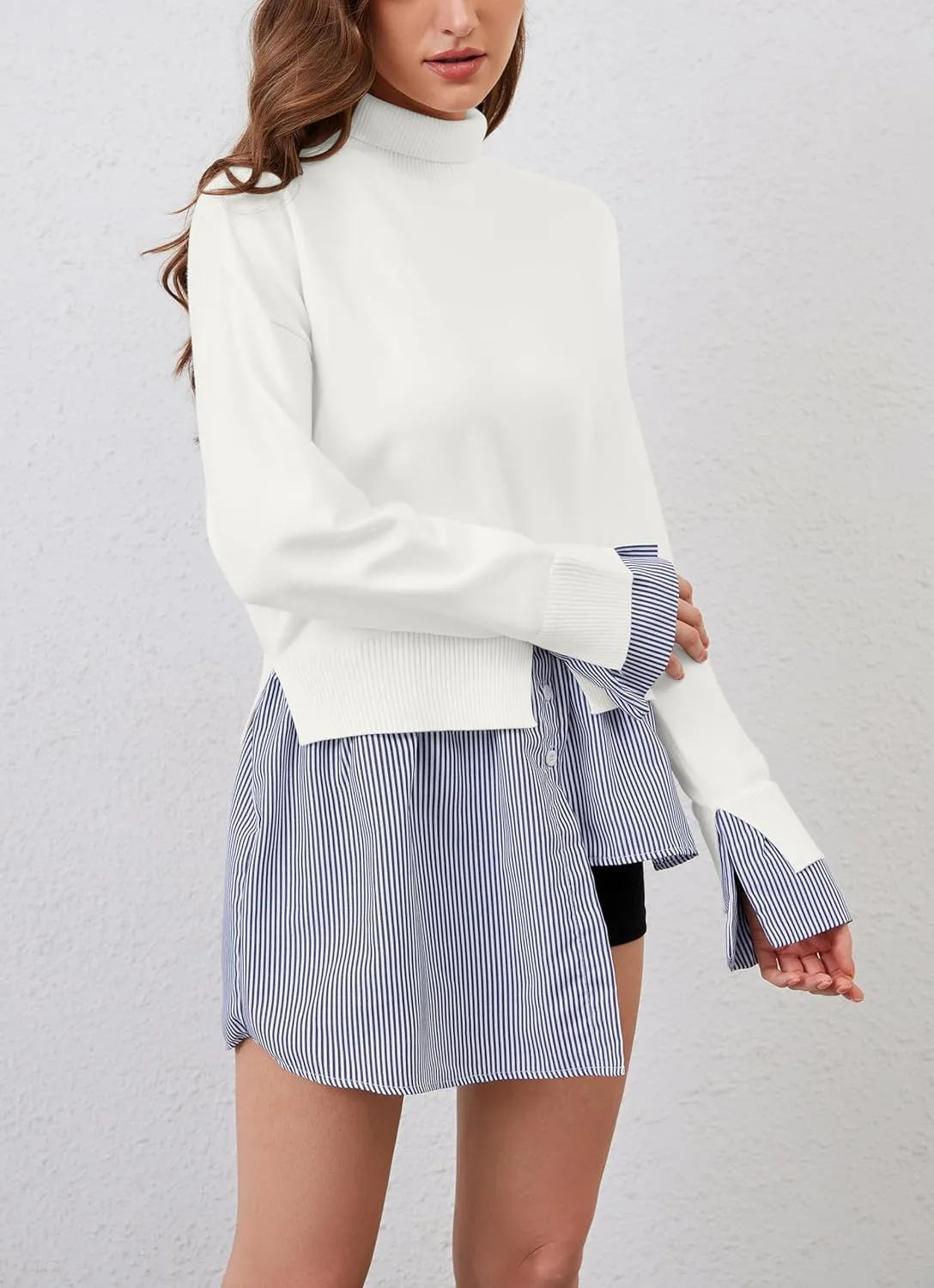 Women Turtleneck Long Sleeve Sweater Patchwork Button Down Striped High Low Hem Shirt Vinatge Pullover Top