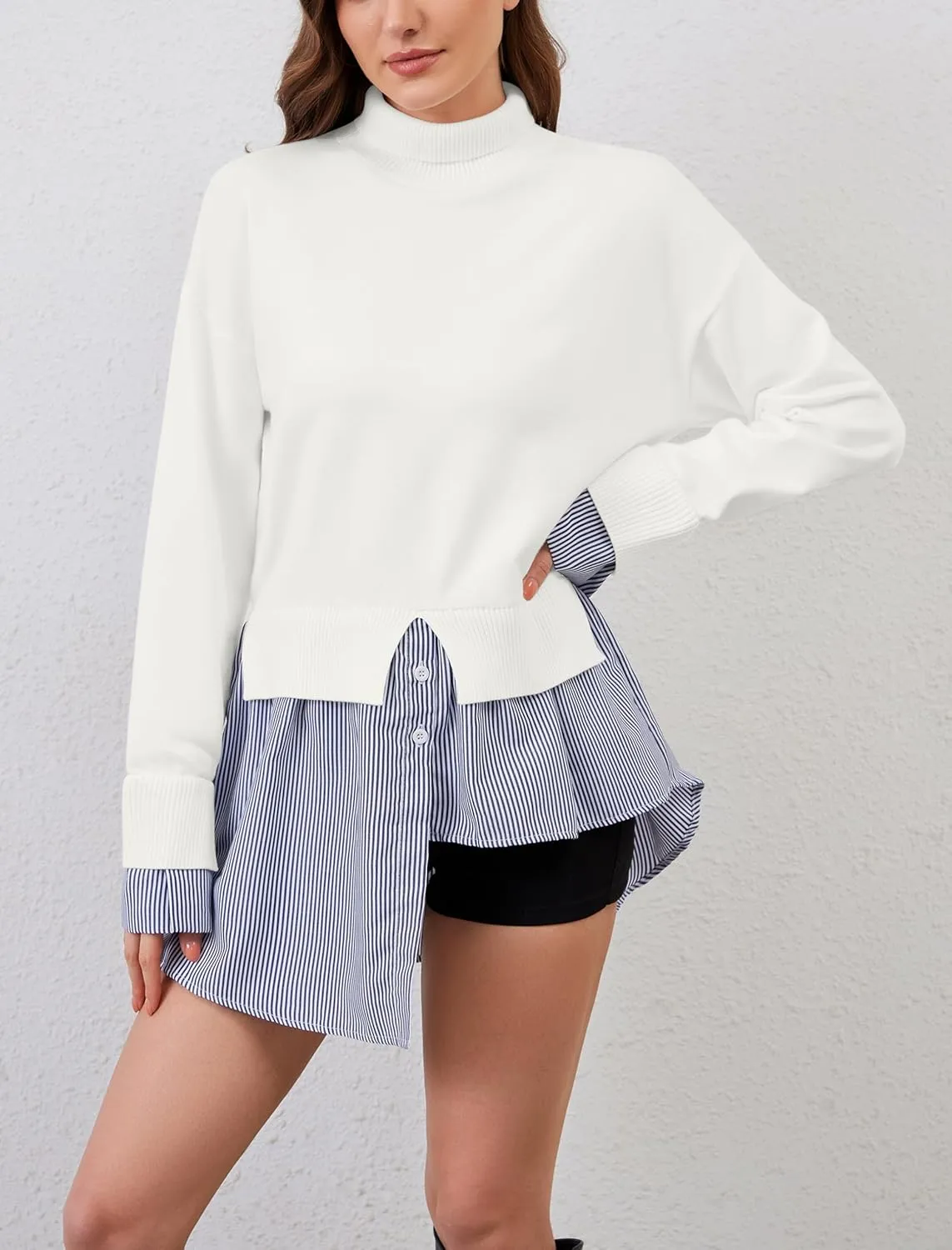 Women Turtleneck Long Sleeve Sweater Patchwork Button Down Striped High Low Hem Shirt Vinatge Pullover Top