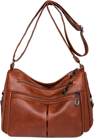 Women Vintage Simple Solid Horizontal Square Soft Leather Crossbody Bag Multiple Pockets Women (Brown, One Size)