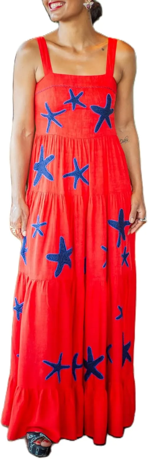 Women Y2k Embroidered Boho Dress Spaghetti Strap Tiered Maxi Dress 2024 Summer Causal Flowy Beach Sundress