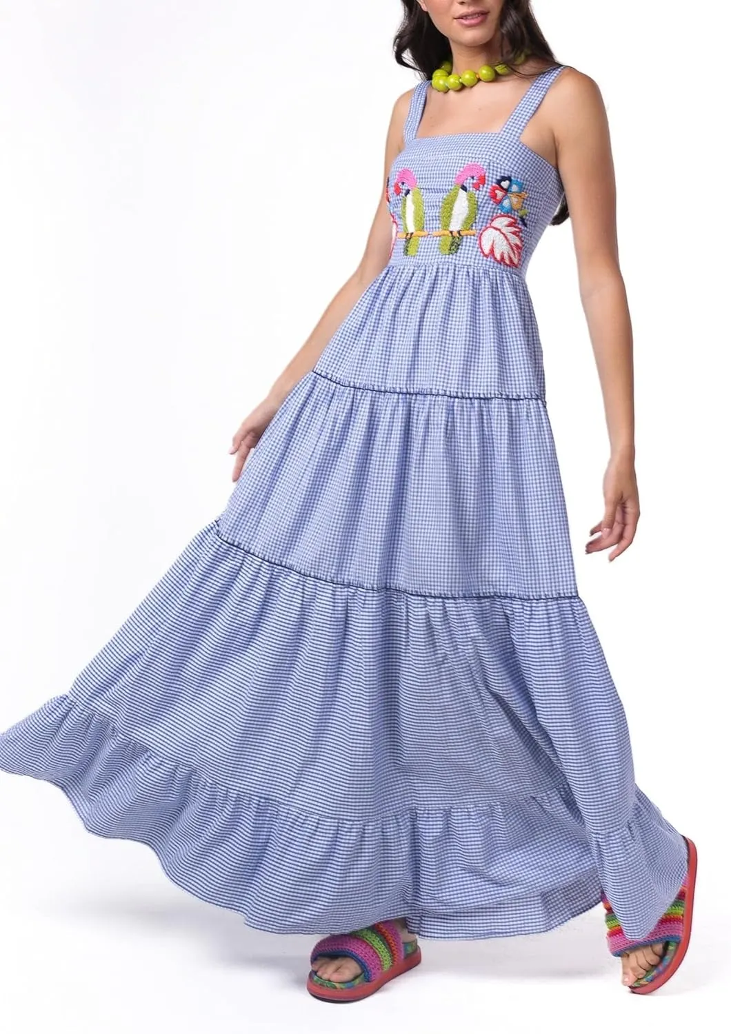 Women Y2k Embroidered Boho Dress Spaghetti Strap Tiered Maxi Dress 2024 Summer Causal Flowy Beach Sundress