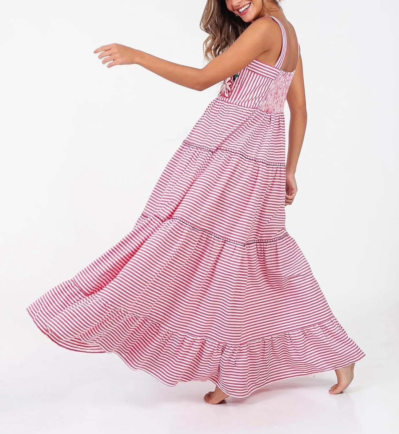 Women Y2k Embroidered Boho Dress Spaghetti Strap Tiered Maxi Dress 2024 Summer Causal Flowy Beach Sundress