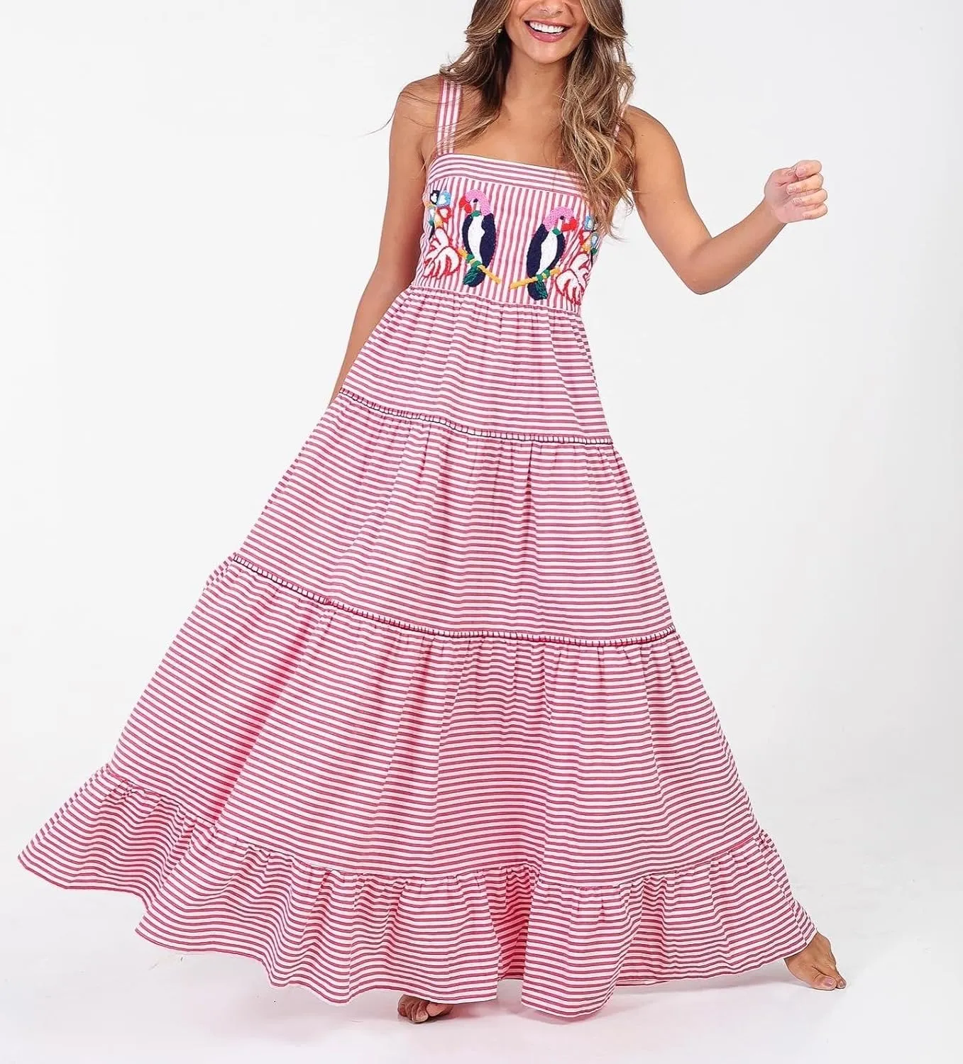Women Y2k Embroidered Boho Dress Spaghetti Strap Tiered Maxi Dress 2024 Summer Causal Flowy Beach Sundress