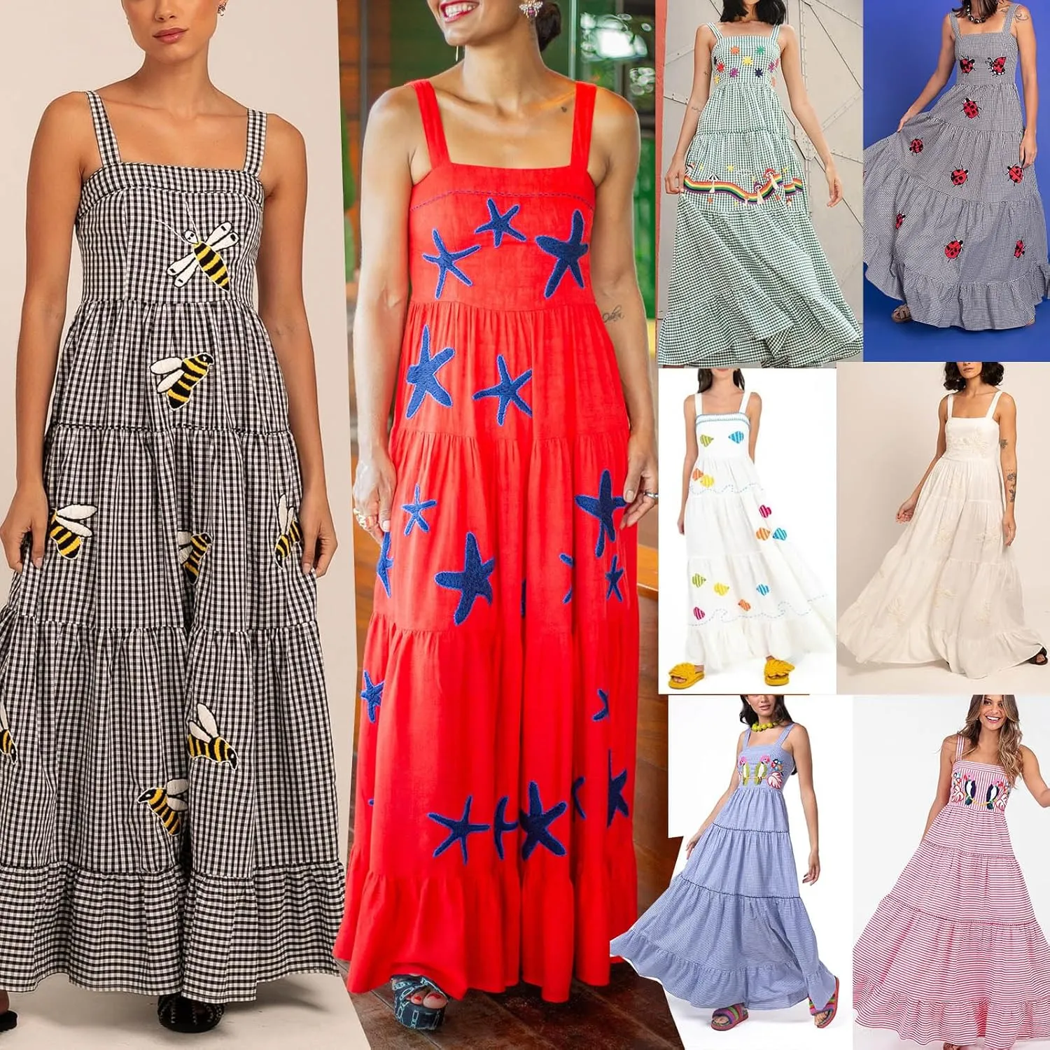 Women Y2k Embroidered Boho Dress Spaghetti Strap Tiered Maxi Dress 2024 Summer Causal Flowy Beach Sundress