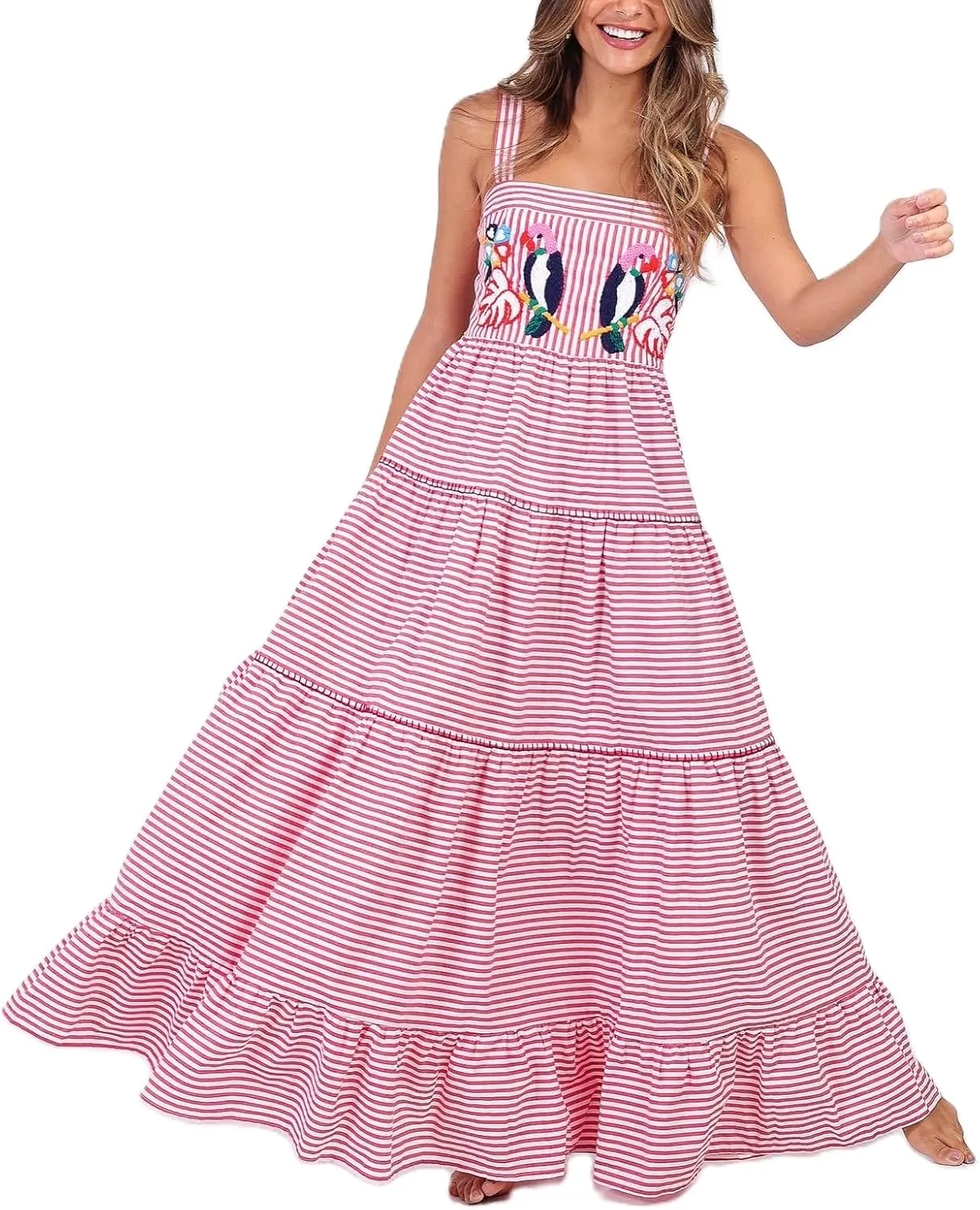Women Y2k Embroidered Boho Dress Spaghetti Strap Tiered Maxi Dress 2024 Summer Causal Flowy Beach Sundress