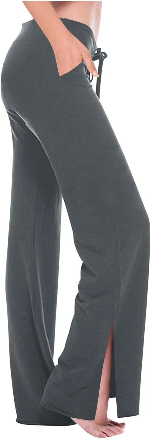Women Yoga Pants Slim High Cut Rayon Trousers Slit Drawstring Sport Gym Pants Plain Oversized Fall Summer 2025