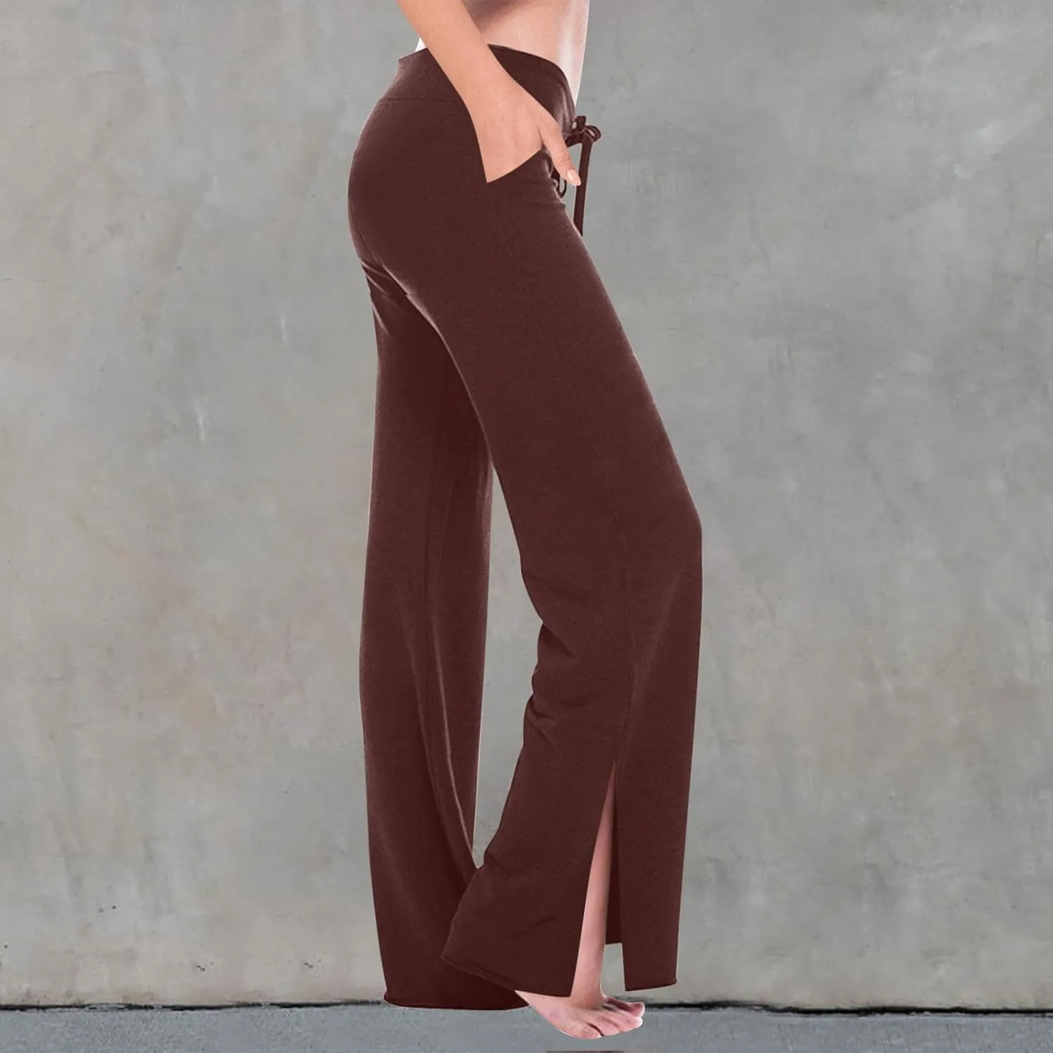 Women Yoga Pants Slim High Cut Rayon Trousers Slit Drawstring Sport Gym Pants Plain Oversized Fall Summer 2025