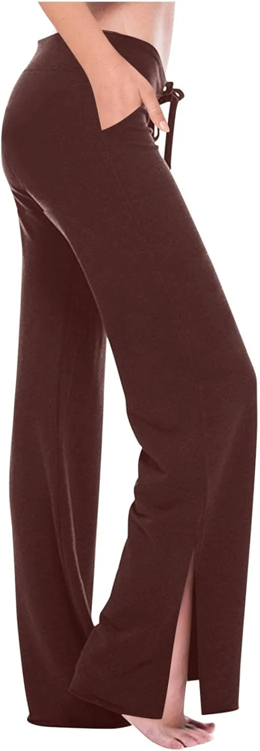 Women Yoga Pants Slim High Cut Rayon Trousers Slit Drawstring Sport Gym Pants Plain Oversized Fall Summer 2025