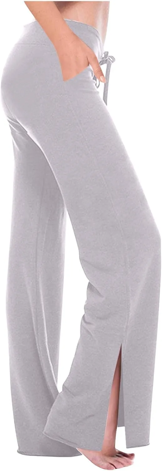Women Yoga Pants Slim High Cut Rayon Trousers Slit Drawstring Sport Gym Pants Plain Oversized Fall Summer 2025