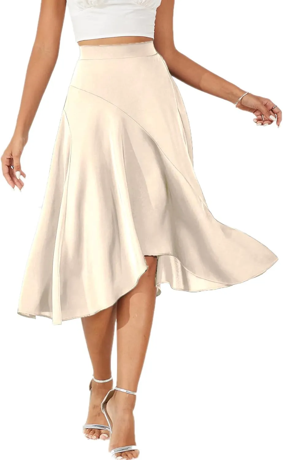 Women's 2023 Satin Elastic High Waist Asymmetrical Ruffle Hem Pleated A-line Flare High Low Midi Skirt