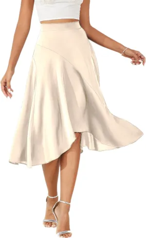 Women's 2023 Satin Elastic High Waist Asymmetrical Ruffle Hem Pleated A-line Flare High Low Midi Skirt