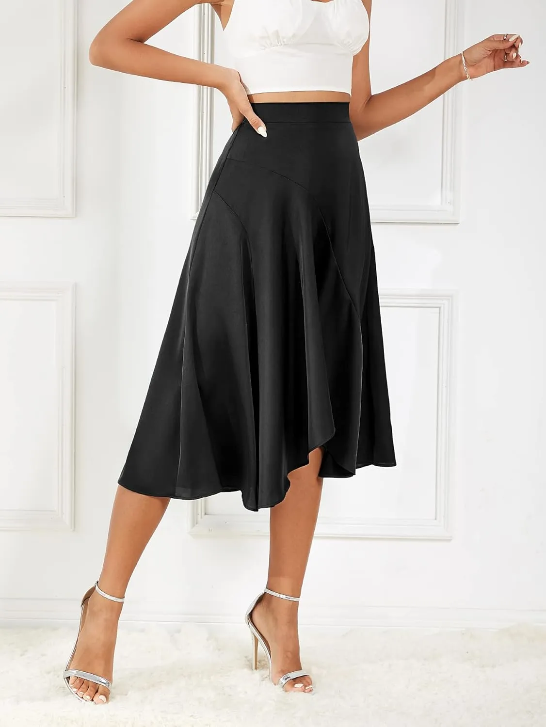 Women's 2023 Satin Elastic High Waist Asymmetrical Ruffle Hem Pleated A-line Flare High Low Midi Skirt